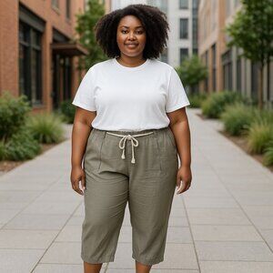 Sandro Lagenlook Linen Blend Neutral Beige Cropped Capri Pants Sz 18 Rope Belt